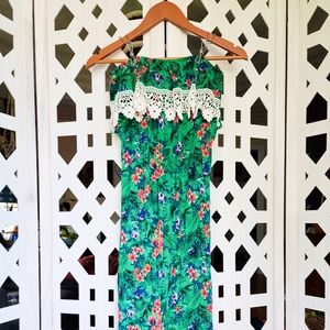 👕 Strapless Tropical Green with Cotton Crochet Dress